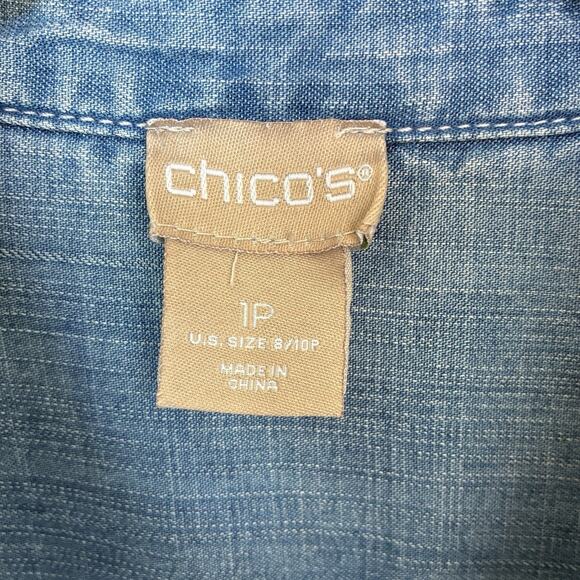 Chico's Tunic Size 1P (8/10 P) Chambray Leisure Button Down Roll Tab Sleeve - Picture 3 of 6